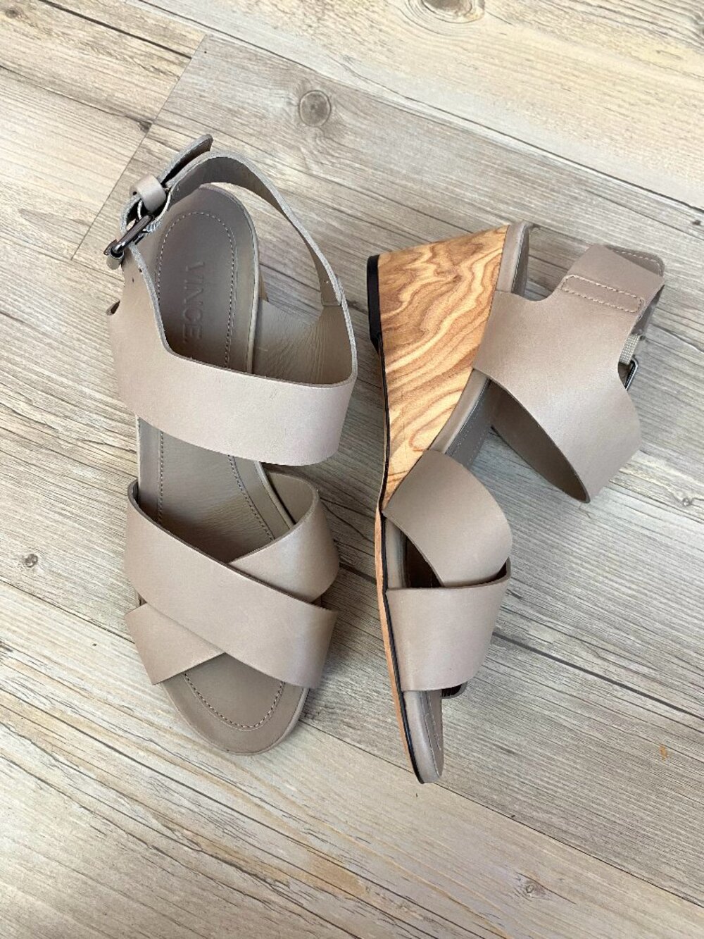 Vince Taupe Strappy Wooden Heel Wedges Size 6